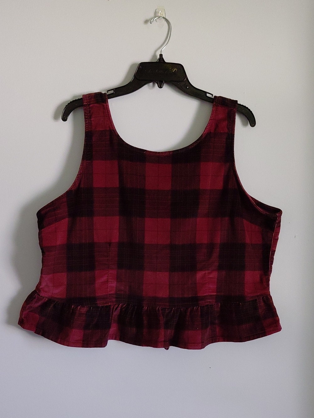 American Eagle Sleeveless Back Bow Peplum Tank Top Red Plaid Velvet Boxy XXL - Picture 3 of 14
